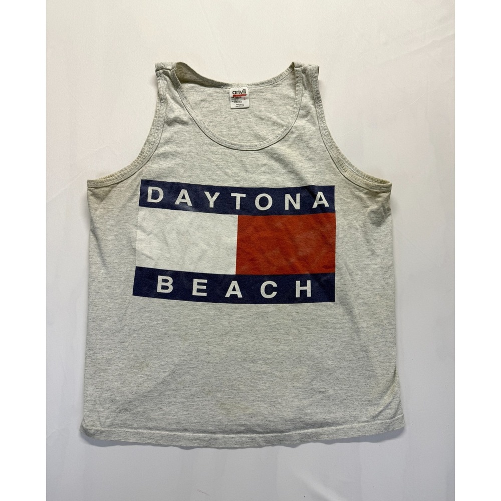 Vintage Anvil Tank Top Mens Large Heather‎ Gray Graphic Daytona Beach Cotton